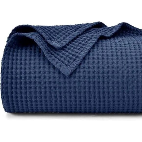 PHF Blue 100% Cotton Waffle Lightweight 90 x 90 in Weave Blanket Queen SU249 - Picture 1 of 6